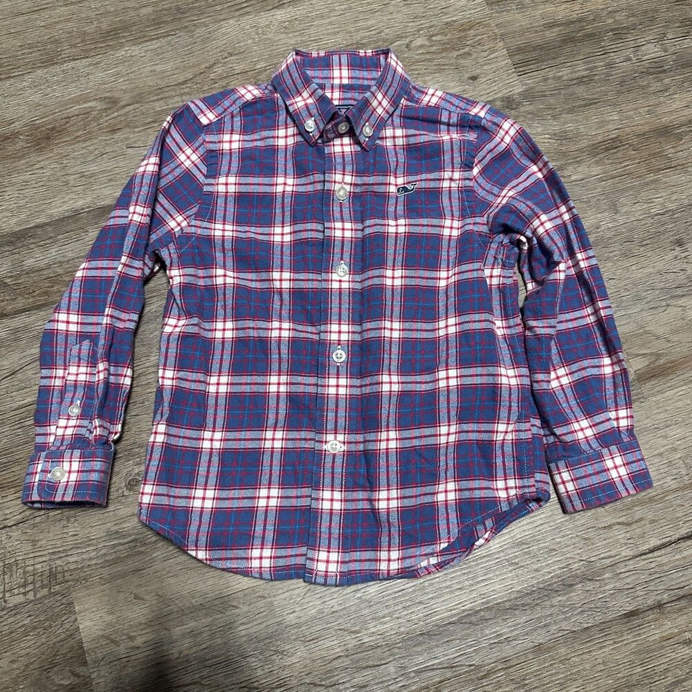 Vineyard Vines Boys 3T Whale Shirt Button Up Long Sleeve Plaid Flannel Purple